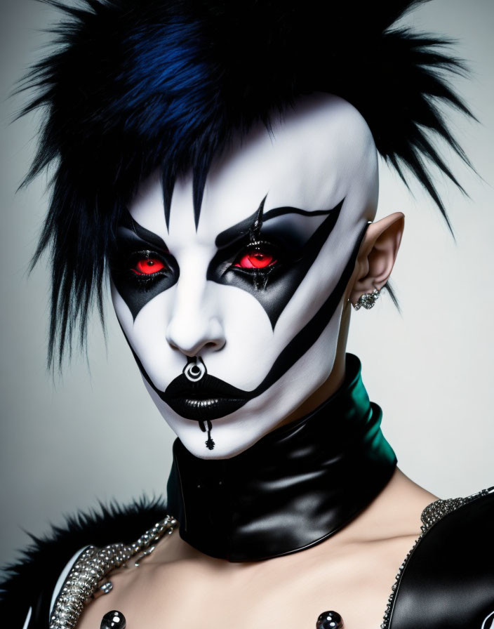 Person with black and white face makeup, red eyes, and mohawk hairstyle on light background