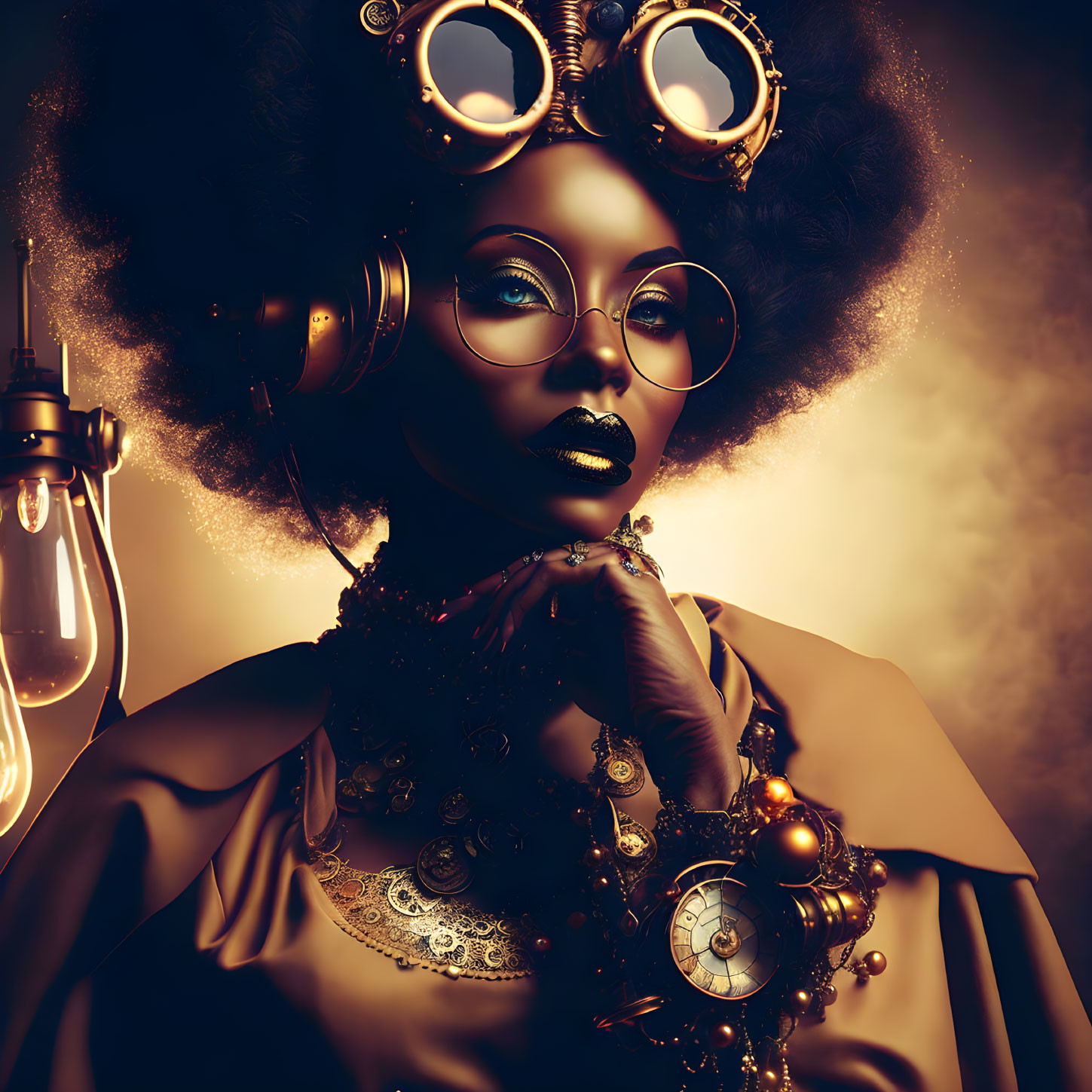 Steampunk woman portrait with goggles and ornate jewelry.