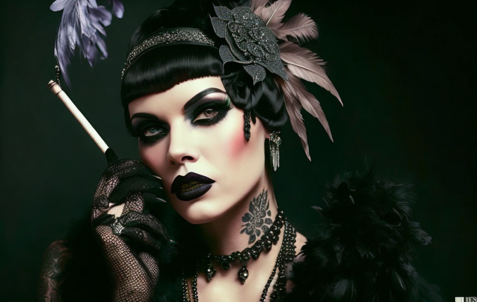 Vintage 1920s woman in headband and feather with black attire