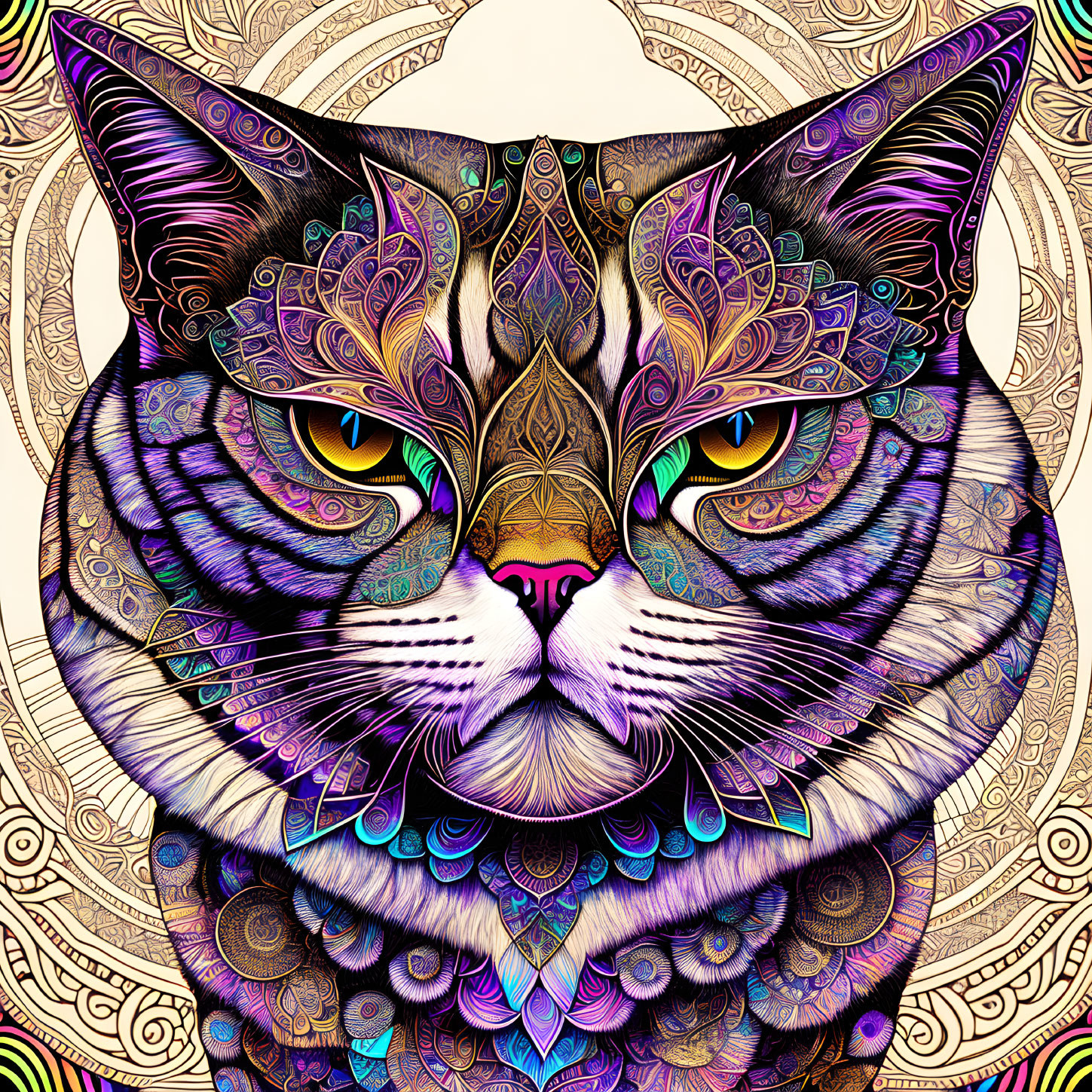 Colorful Cat Illustration with Mandala Designs and Green Eyes