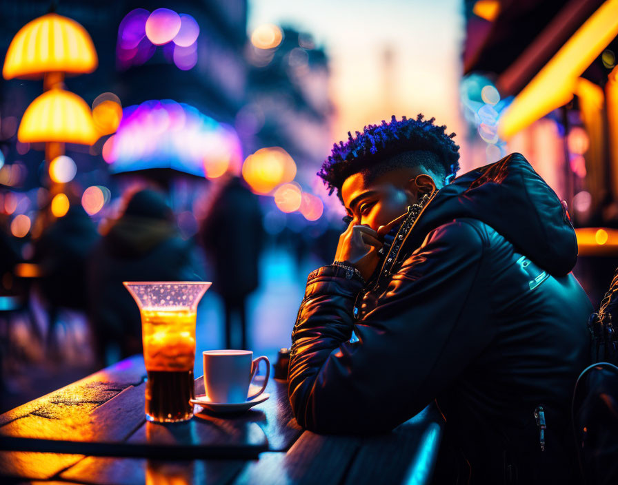 Person sitting by table with glowing drink under neon lights