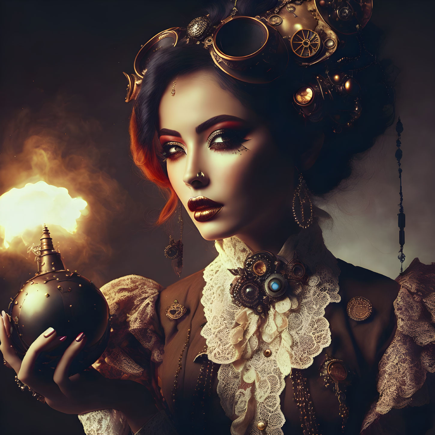 Steampunk woman with ornate accessories holding a mystical sphere.