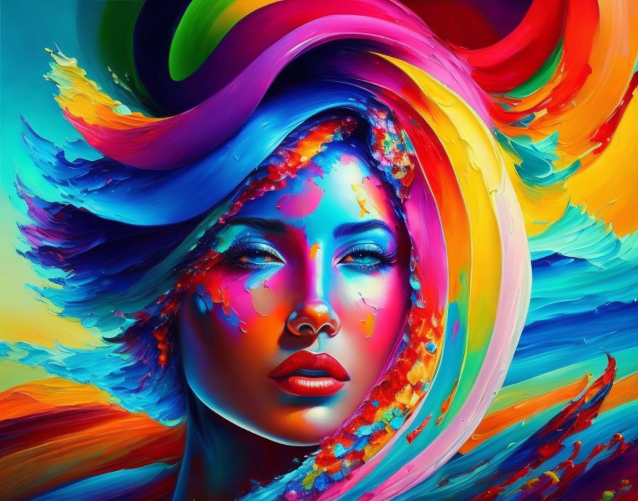 Vibrant artistic portrait of a woman with colorful paint swirls