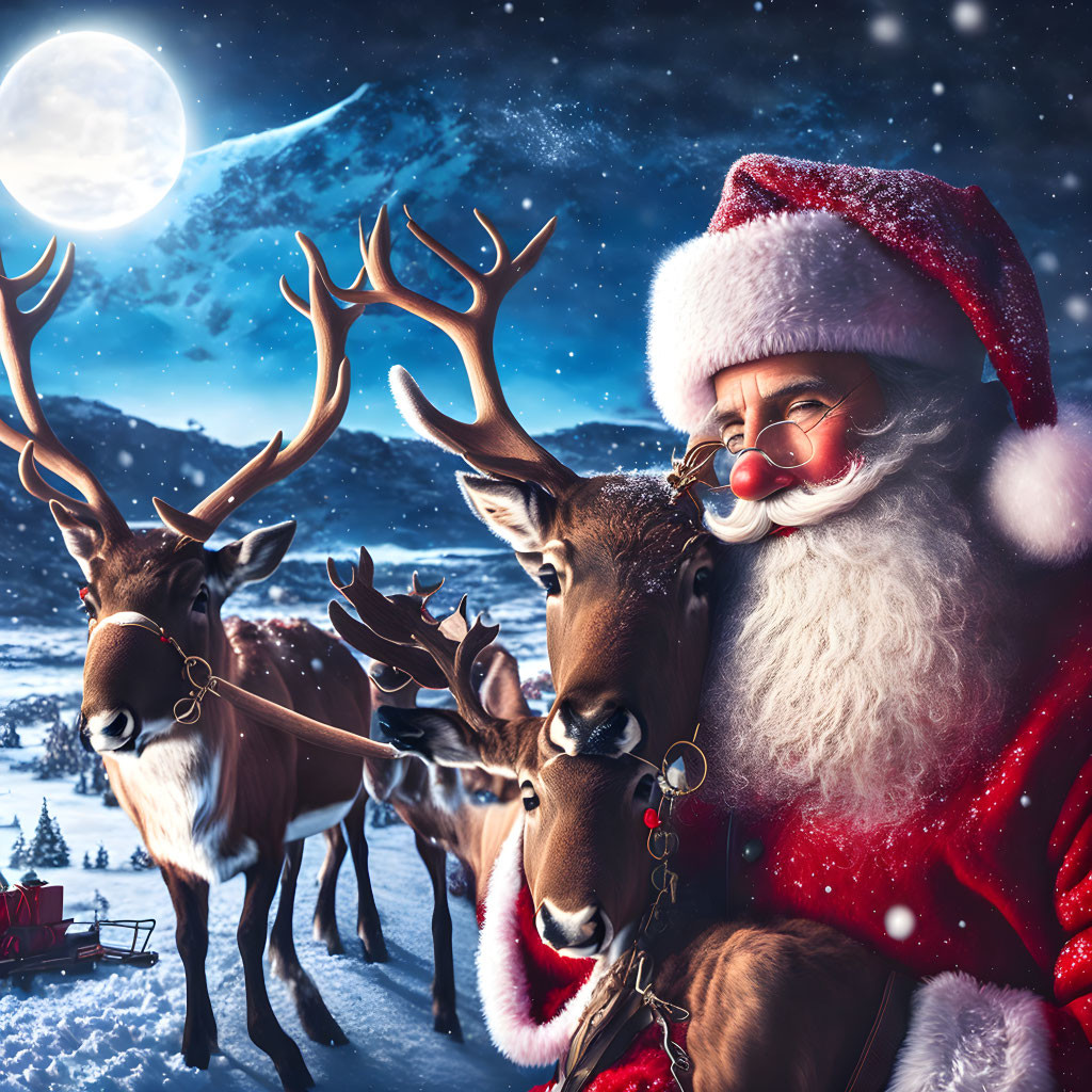 Santa Claus and reindeer under moonlit winter sky