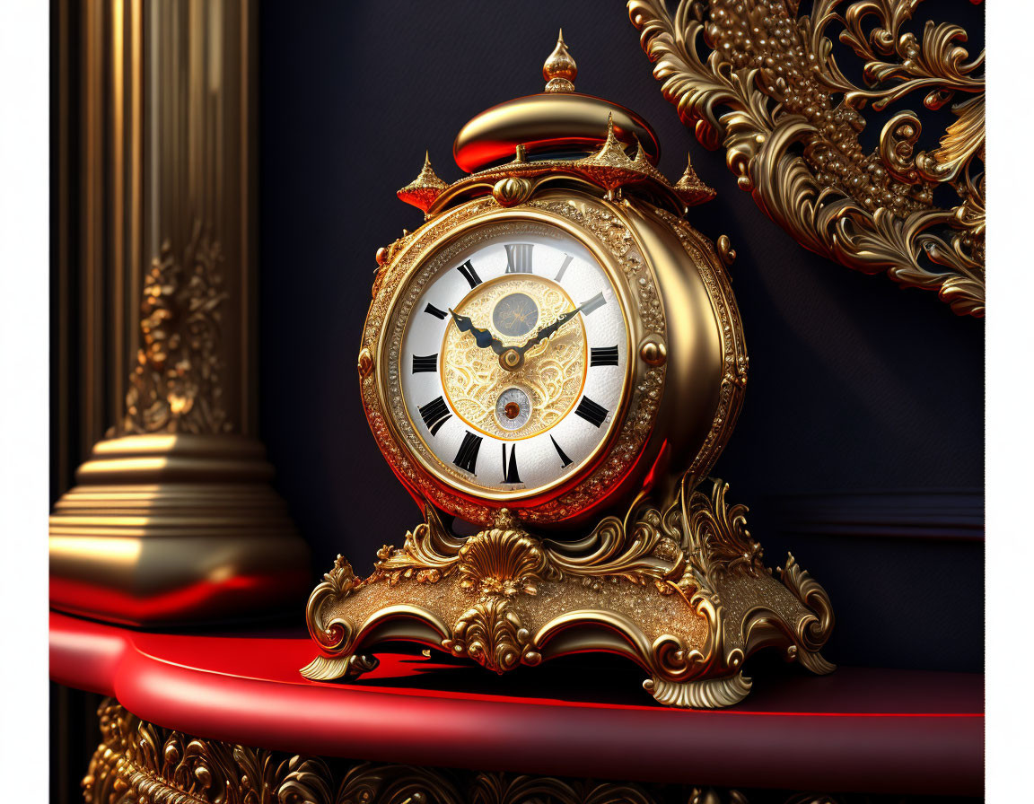 Intricate antique gold clock on rich red surface with baroque-style background