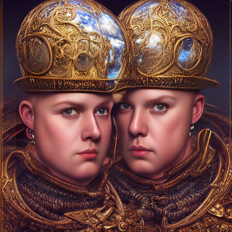 Golden helmeted individuals in intricate armor mirroring each other