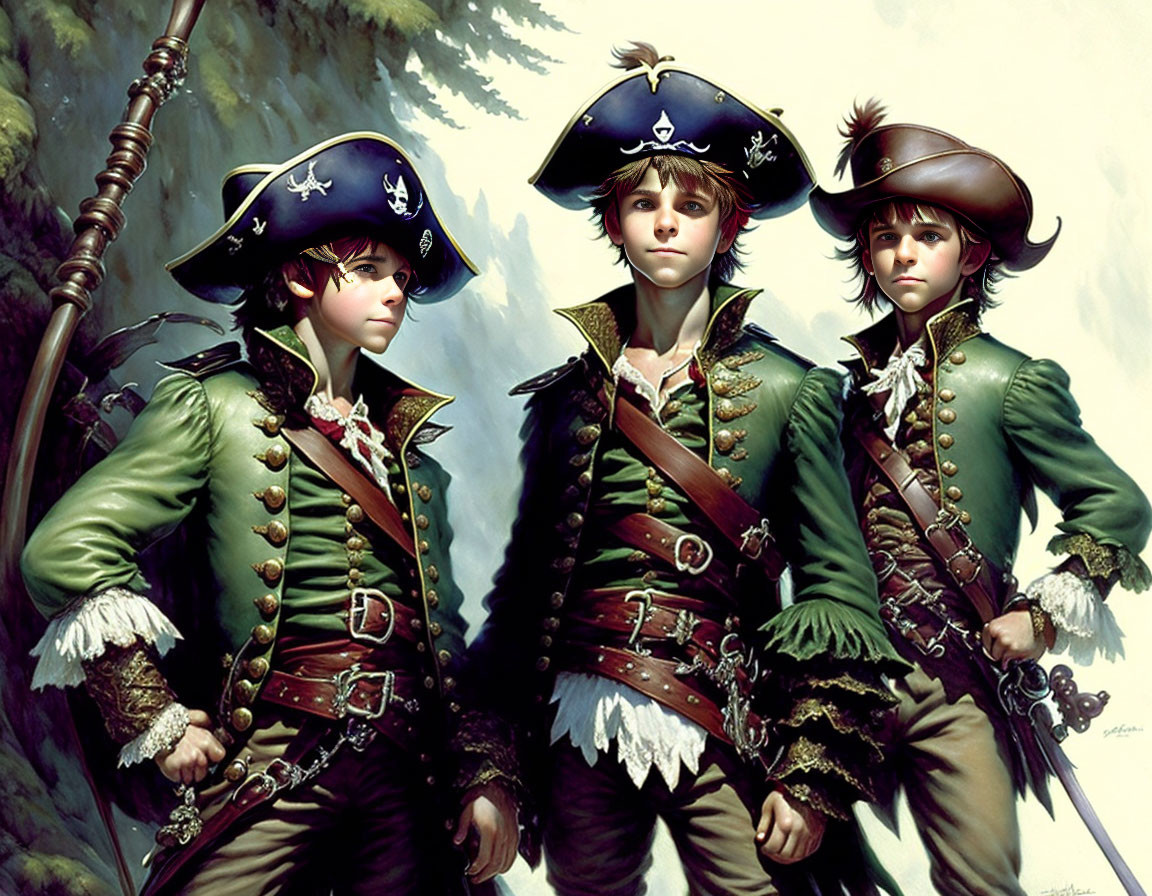 Three individuals in elaborate 18th-century military attire and tricorn hats stand confidently