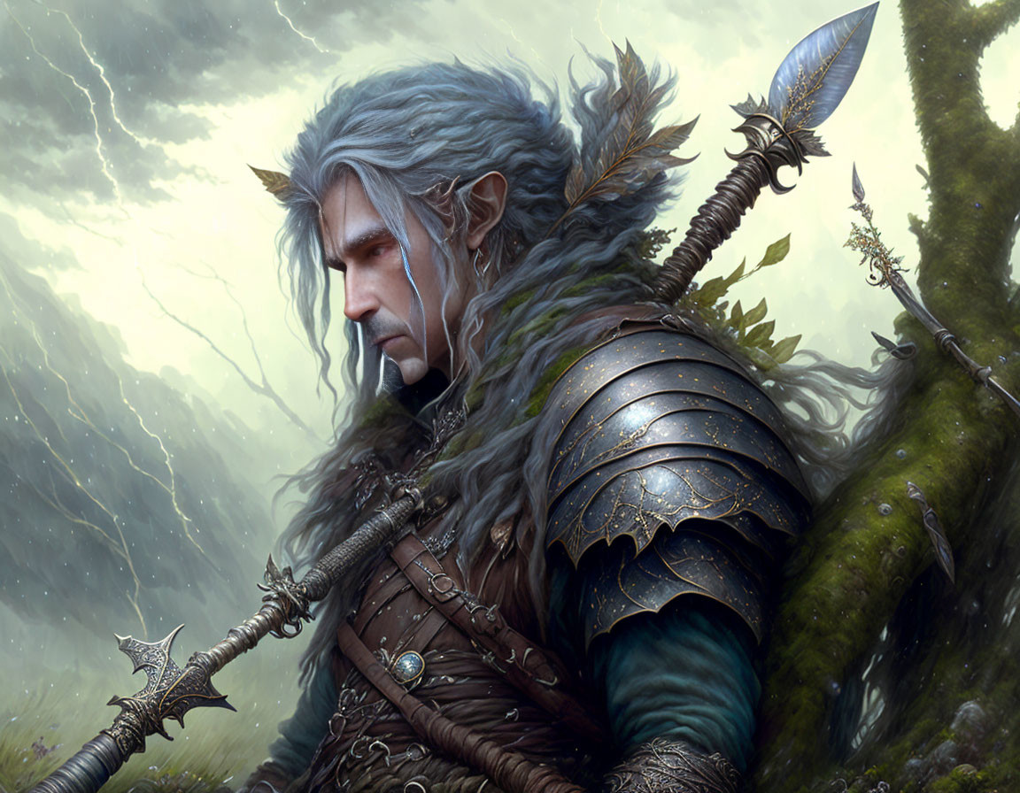 Silver-haired elf warrior in ornate armor, set in mystical forest