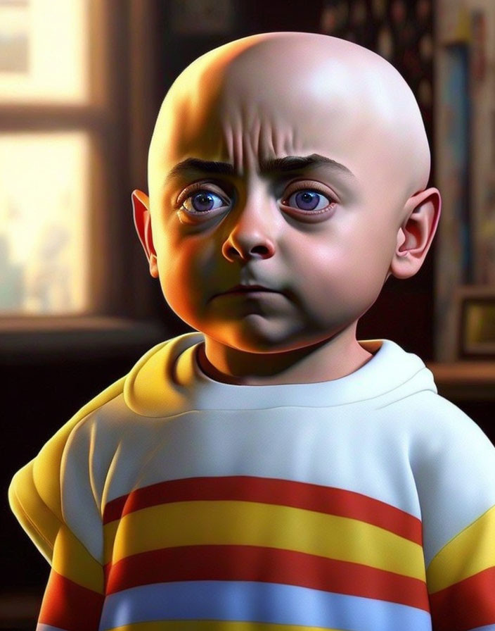 Cartoon Baby with Big Eyes and Serious Expression