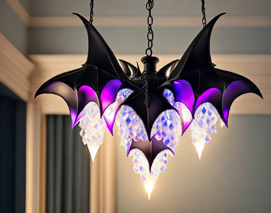 Bat Wing Chandelier with Purple Crystalline Lights in Modern Room