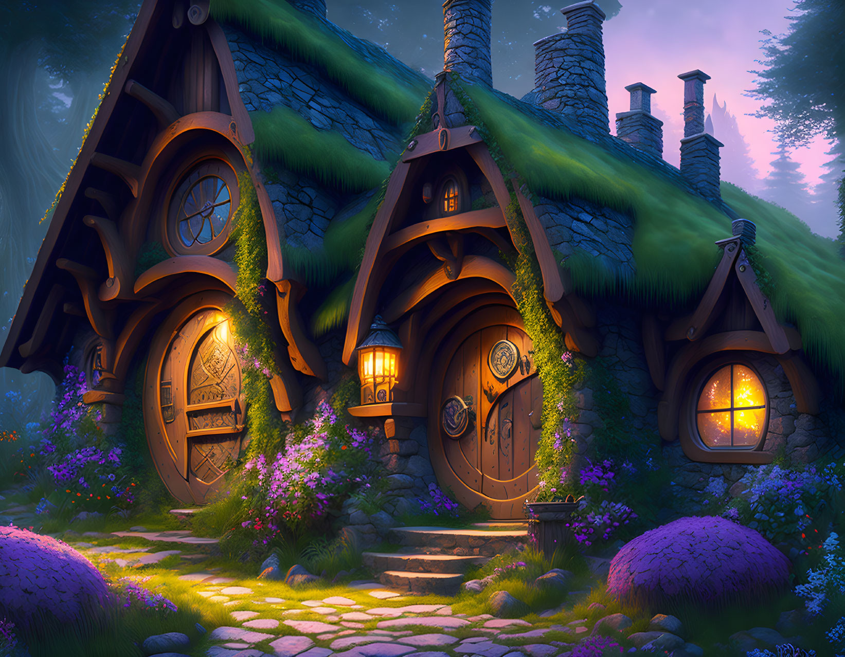 Fairytale cottages with thatched roofs in twilight forest.