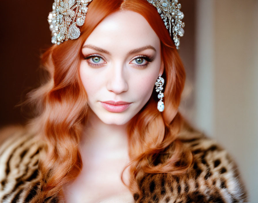 Red-haired woman in fur coat and headpiece with green eyes and elegant earrings in soft focus portrait