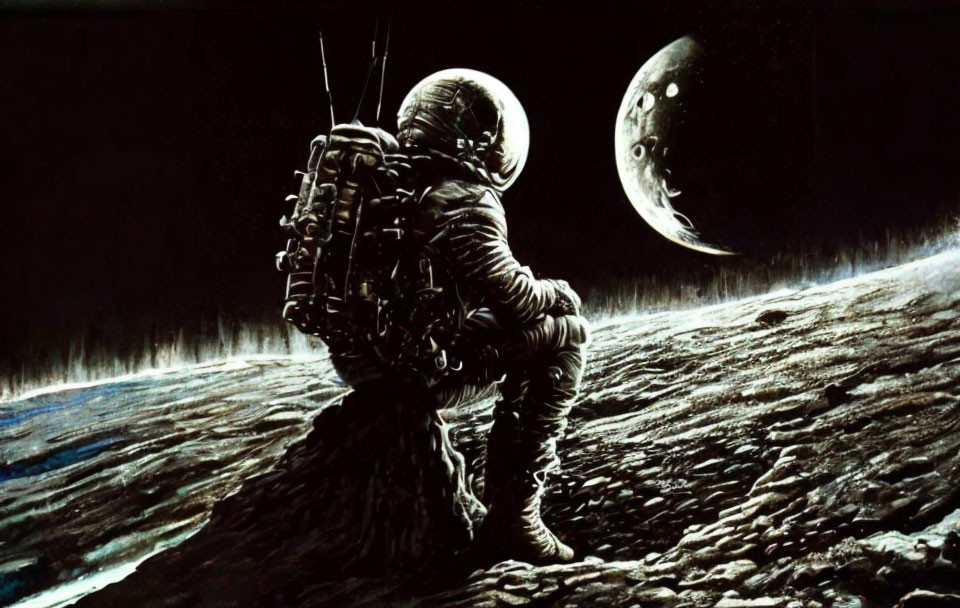 Astronaut in spacesuit on barren lunar surface with Earth's crescent visible