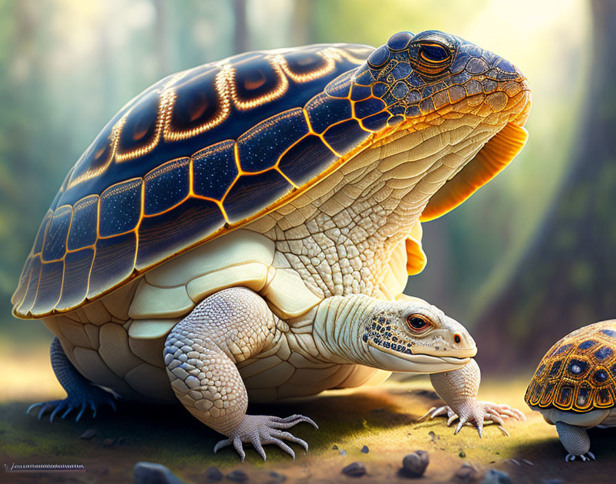 Digital Artwork: Oversized Turtle with Intricate Shell Patterns and Tiny Turtle in Sunlit Forest