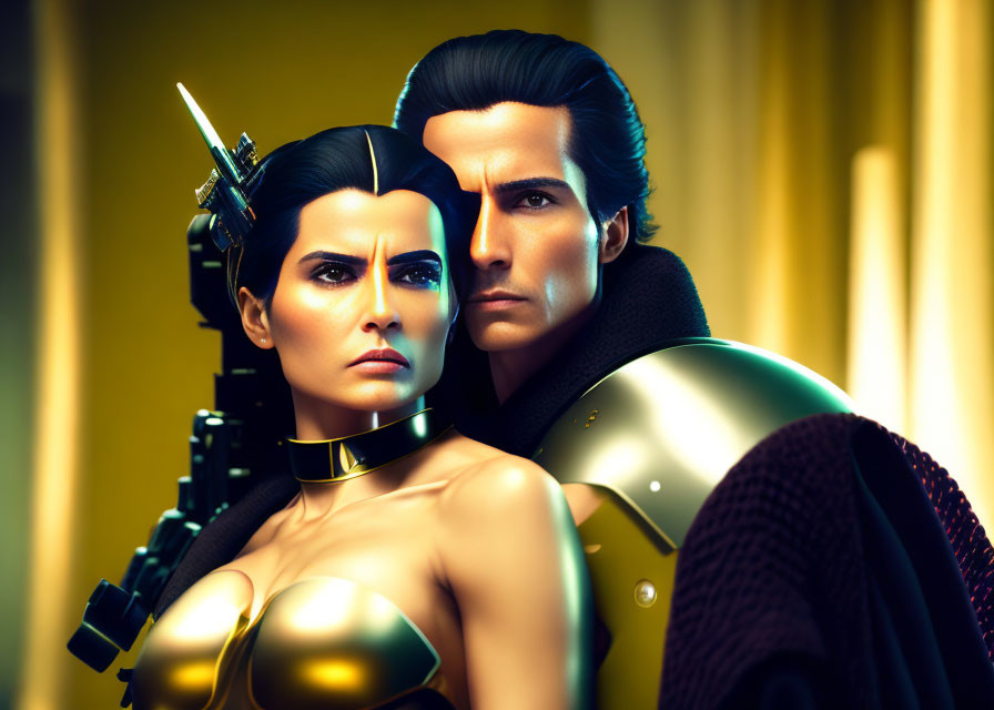 Stylized 3D illustration of male and female characters in futuristic warrior attire on yellow backdrop