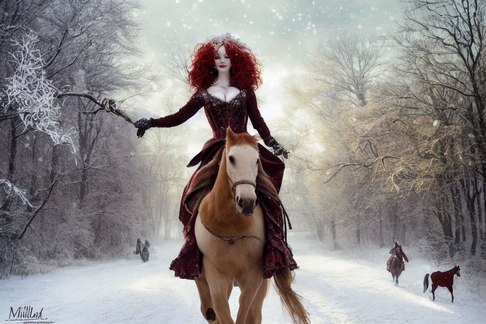 Red-haired woman in medieval dress rides horse in snowy forest with silhouettes of riders and dog.