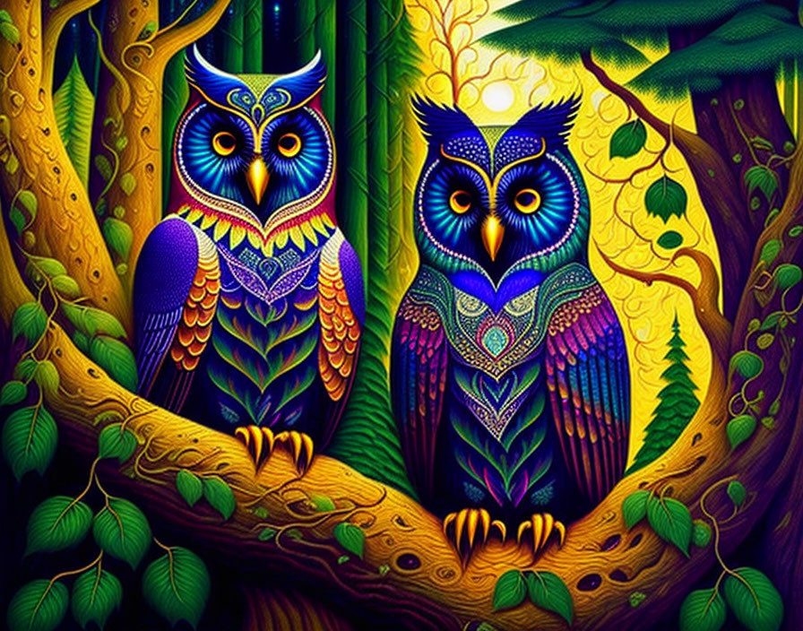 Colorful Stylized Owls Perched in Enchanted Forest Setting