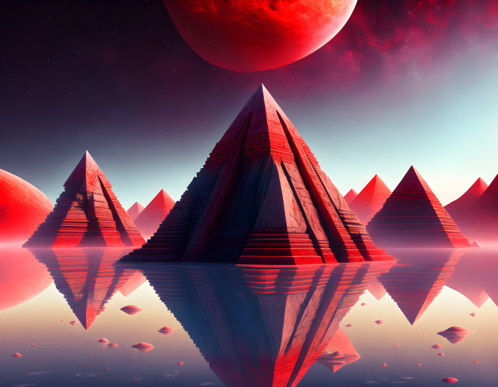 Futuristic pyramids with red planet and starry sky reflecting on water