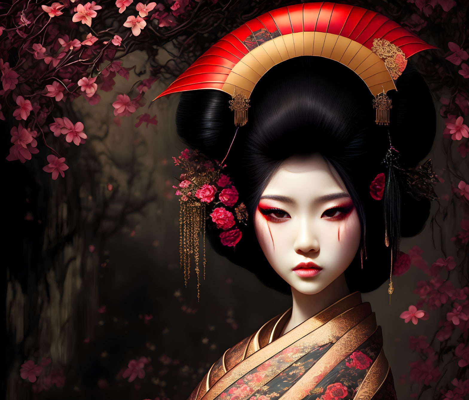 Traditional Japanese Geisha makeup and attire with fan headpiece and floral decorations