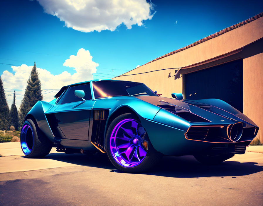 Vintage Sports Car with Blue Finish and Purple Wheels Parked Under Clear Sky