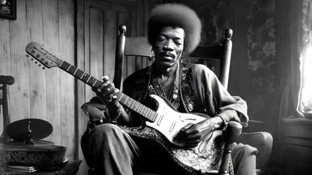 Monochrome photo of person with afro holding electric guitar on wooden chair