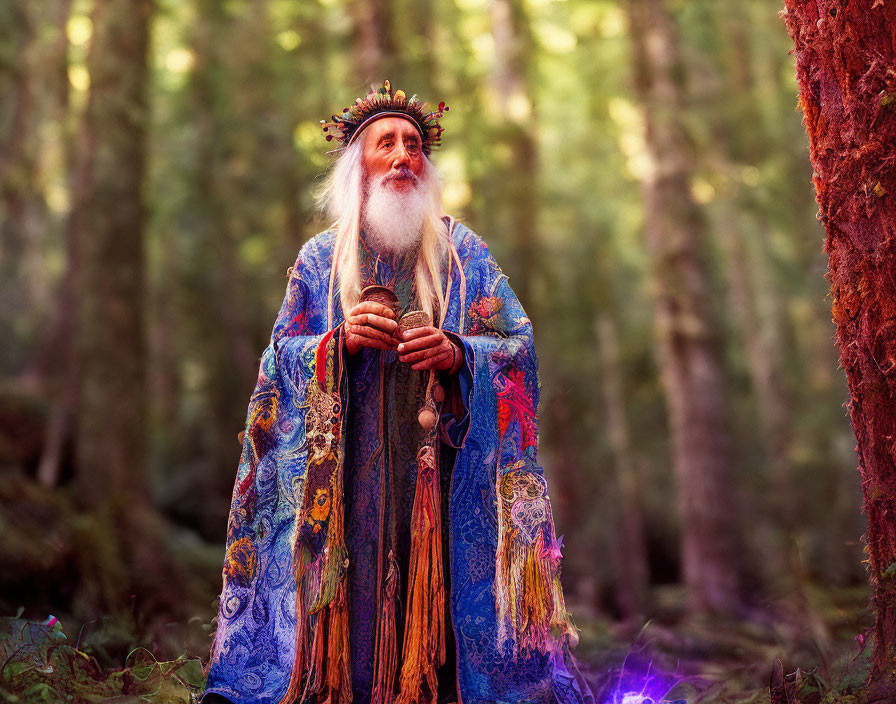 Elder man in colorful robe and crown with staff in sunlit forest