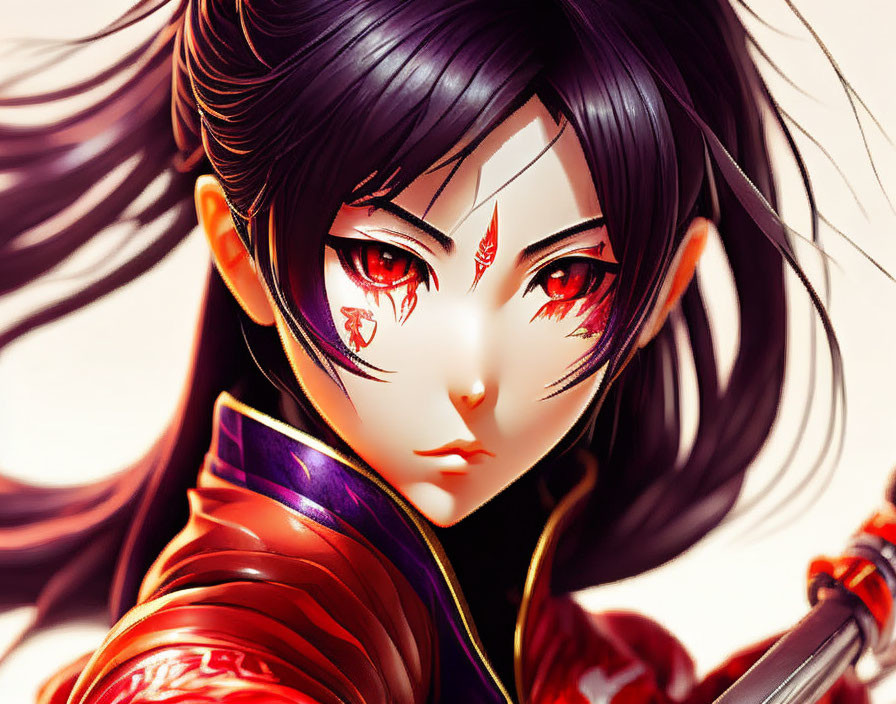 Illustration of female character with red eyes, dark hair, in red & black traditional outfit