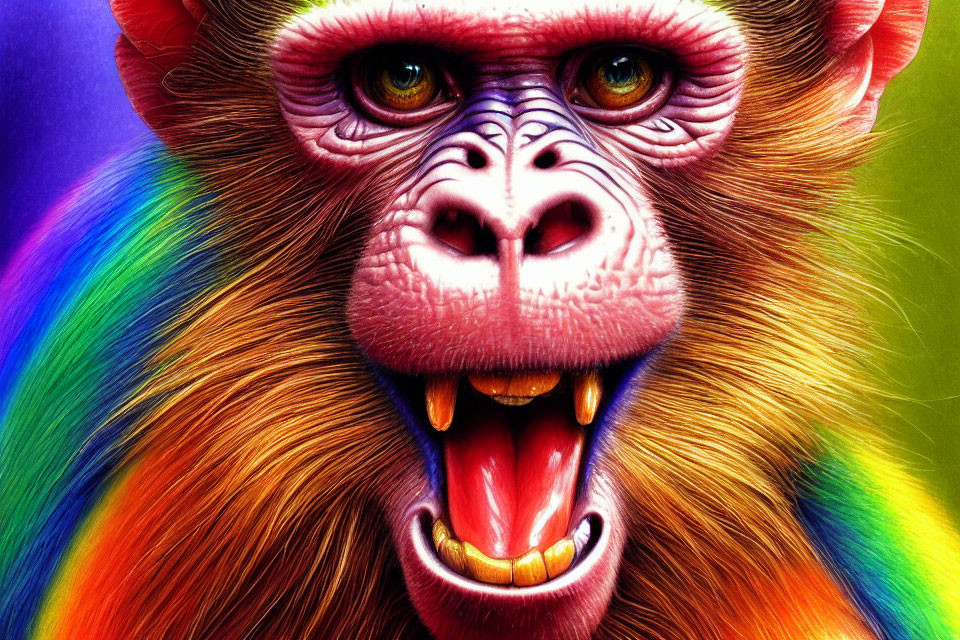 Colorful Monkey Illustration with Rainbow Fur and Pink Features