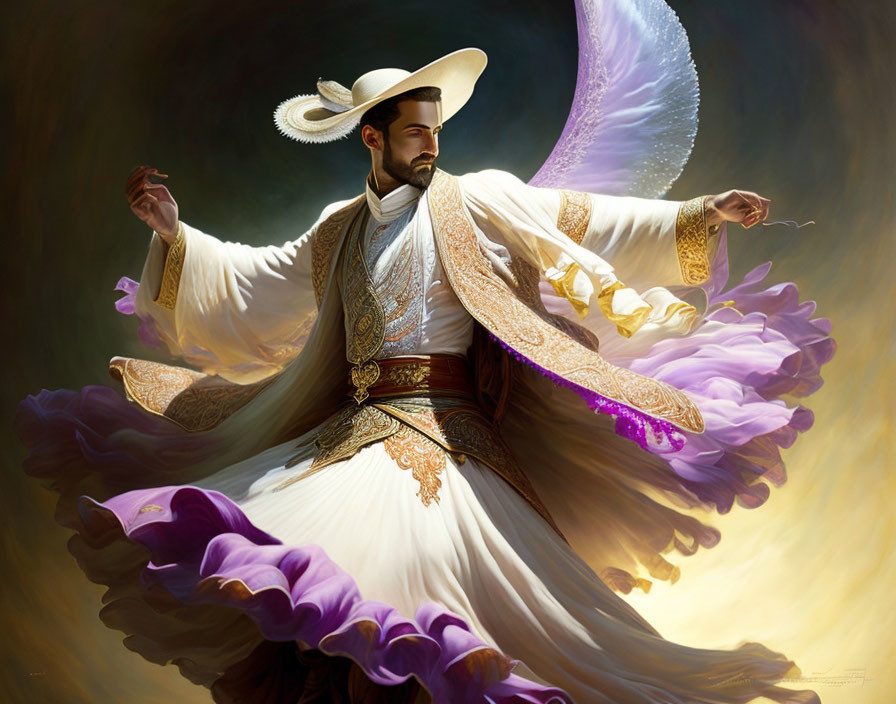 Ethereal being with white wings in traditional white and purple mariachi outfit