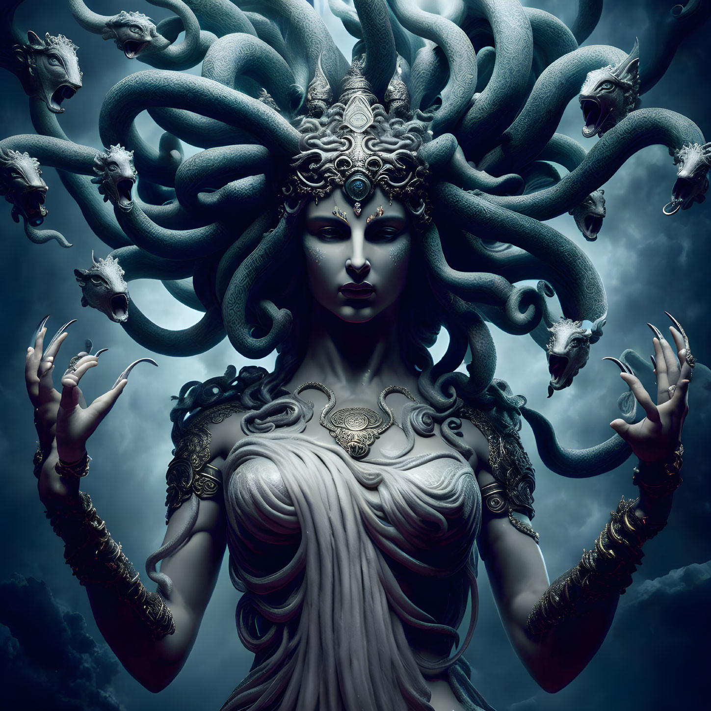 Mystical female figure with serpentine hair and golden arm jewelry on cloudy backdrop