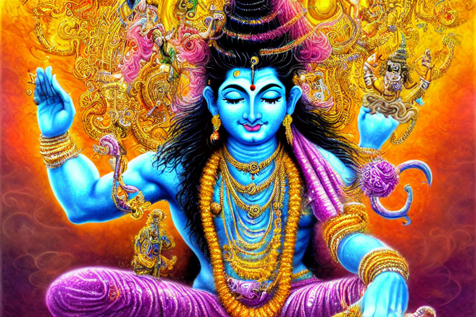 Blue-skinned multi-armed deity with gold jewelry and symbolic objects against fiery halo.