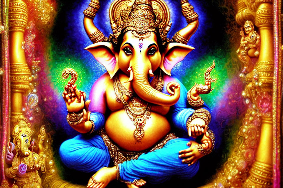 Colorful Hindu deity Ganesha illustration with elephant head and ornate background