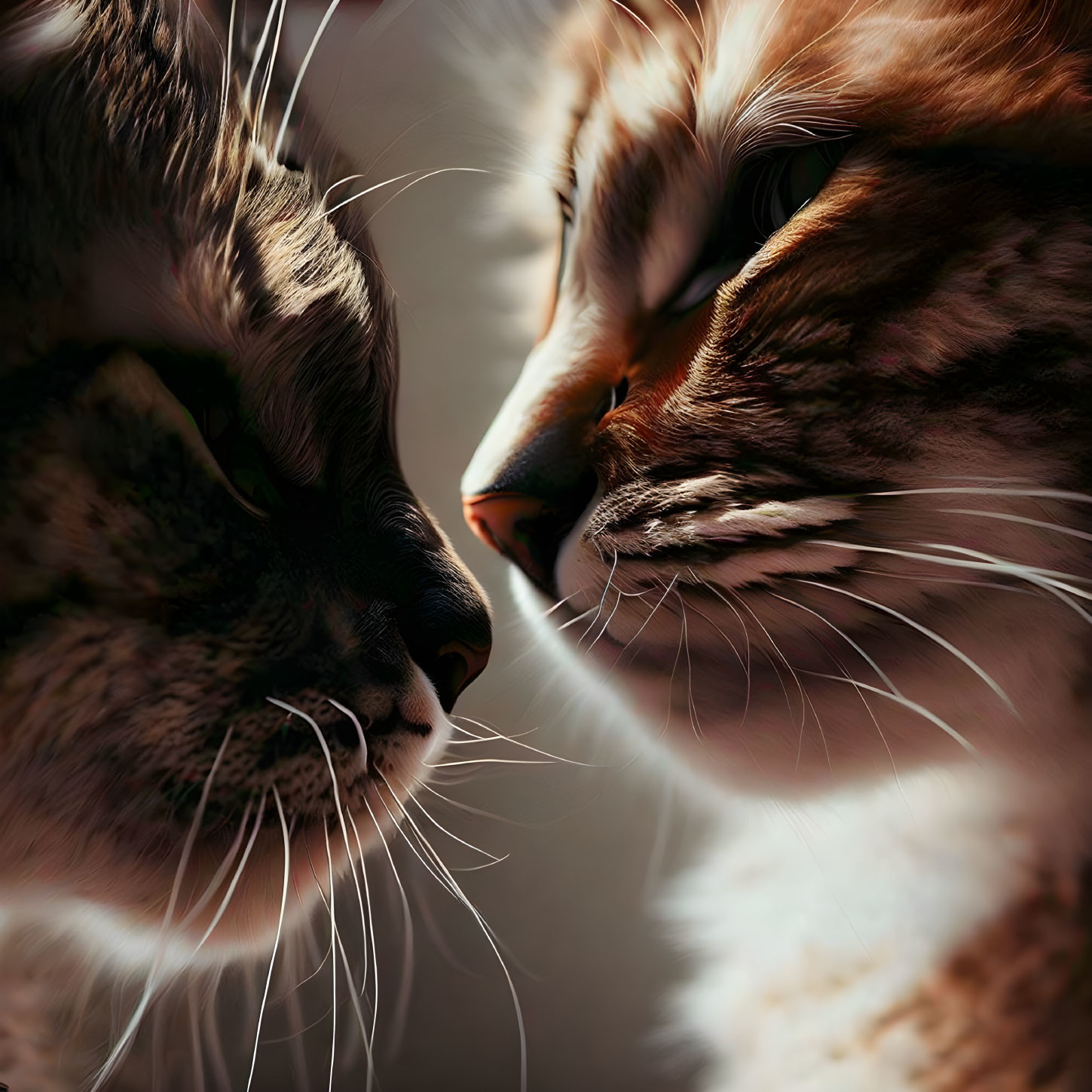 Close-up image of two cats with focused whiskers and eyes