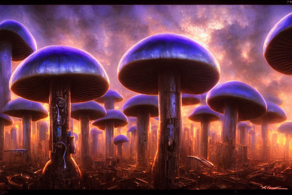 Fantasy landscape featuring oversized glowing blue mushrooms and dystopian cityscape.