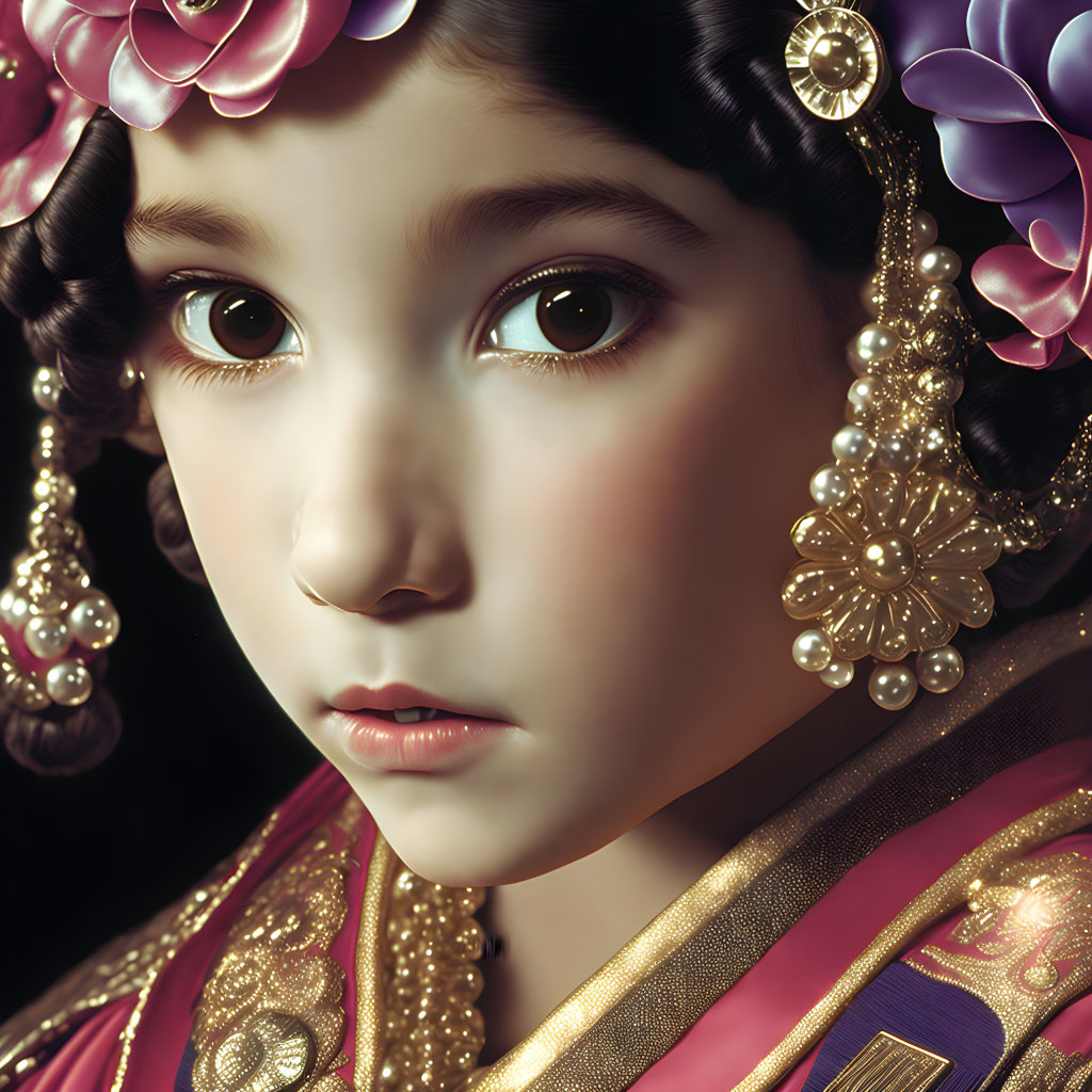 Detailed digital portrait of young girl in floral headpiece and ornate attire