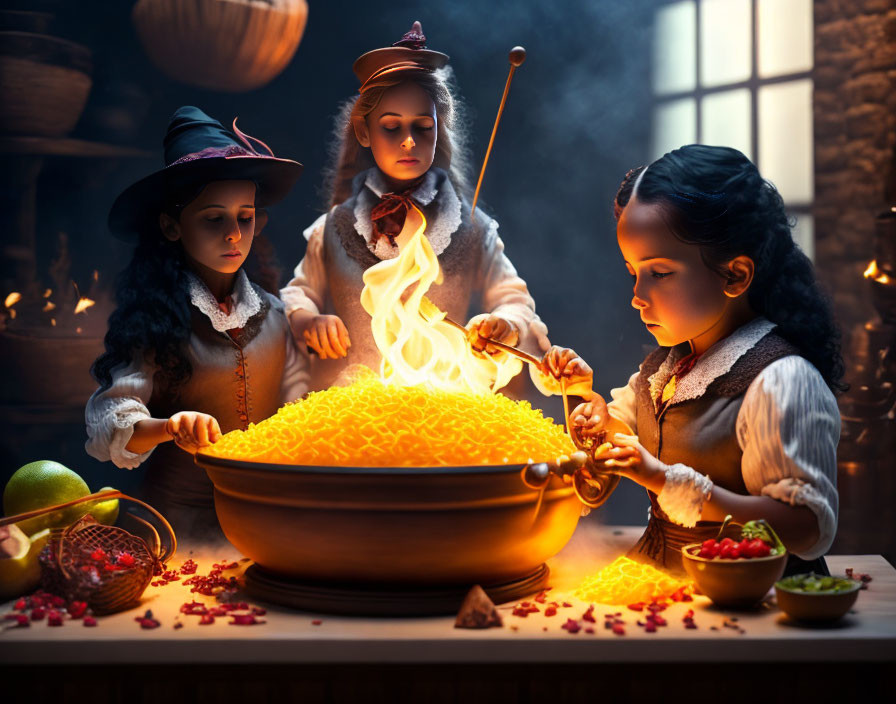 Children in witch costumes stirring cauldron in dark, magical kitchen