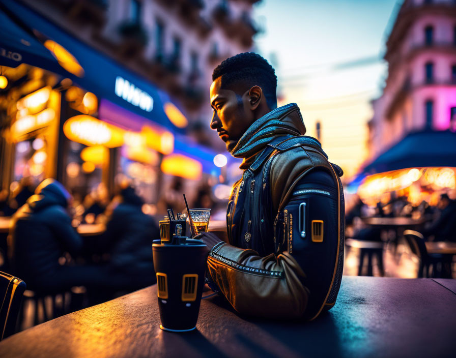 Man in leather jacket at street cafe during twilight with coffee and city lights in background