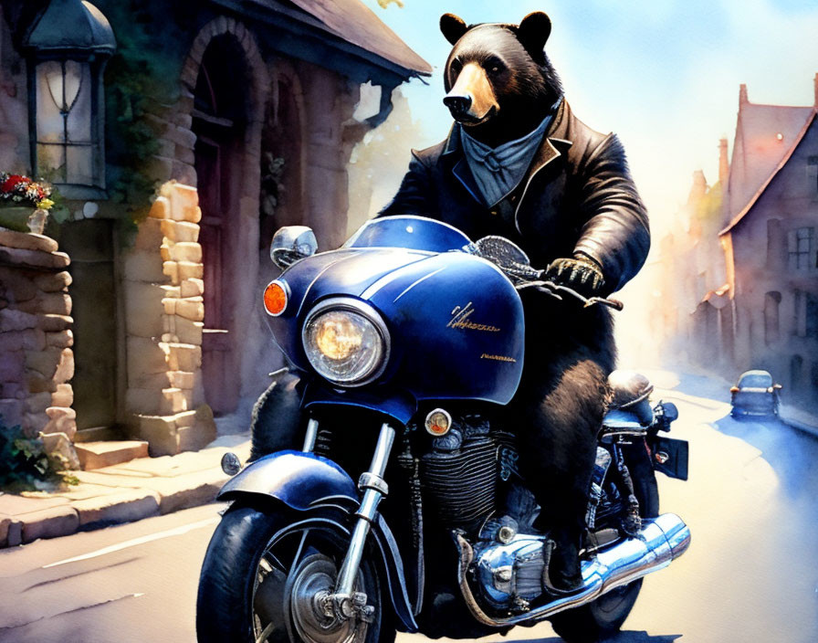 Anthropomorphic bear on motorcycle in vintage city setting