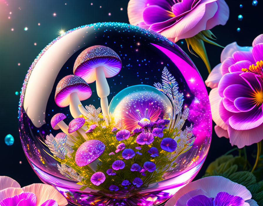 Colorful Digital Art: Crystal Ball with Glowing Forest and Flowers