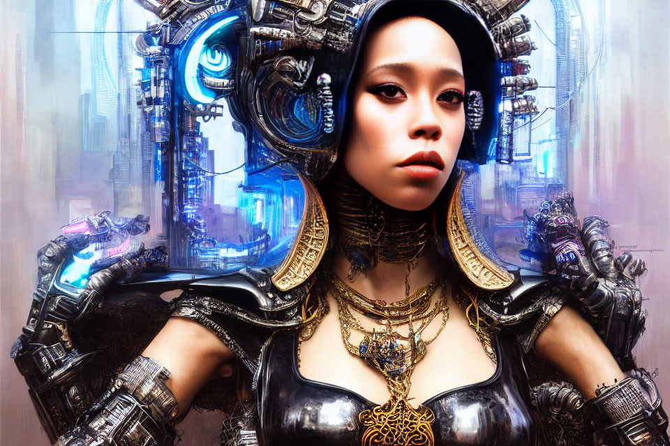 Futuristic woman with cybernetic enhancements and mechanical backdrop