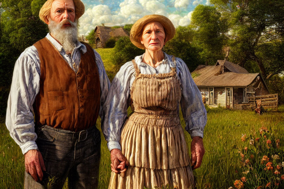 Elderly couple in vintage farm clothing in rural field