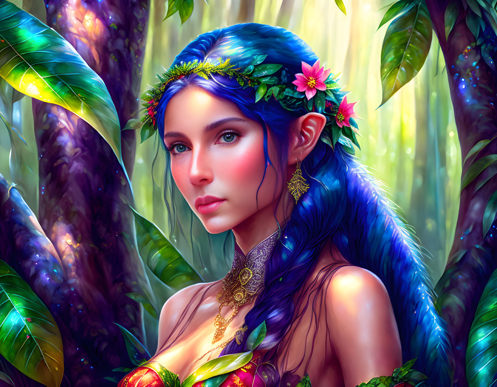 Fantasy Artwork: Woman with Blue Hair, Floral Adornments, and Forest Background