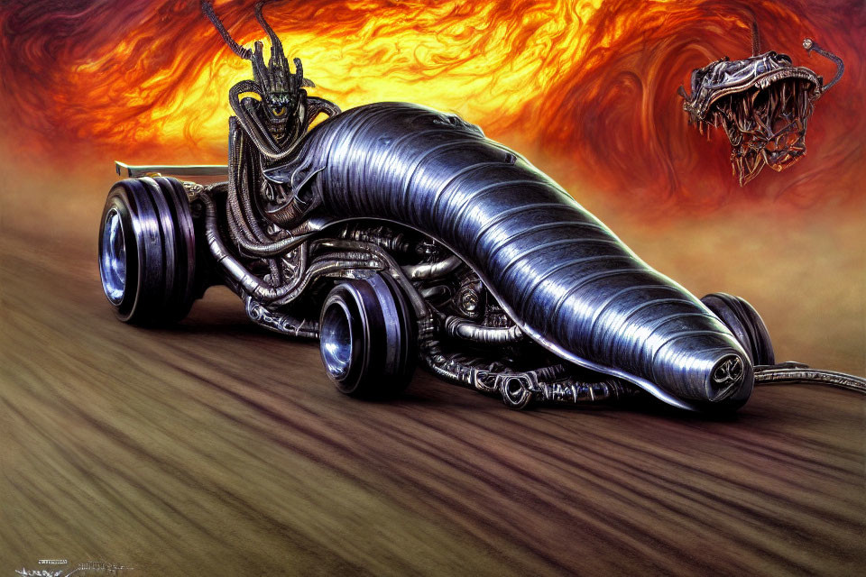 Alien-themed drag racer with organic design in fiery backdrop