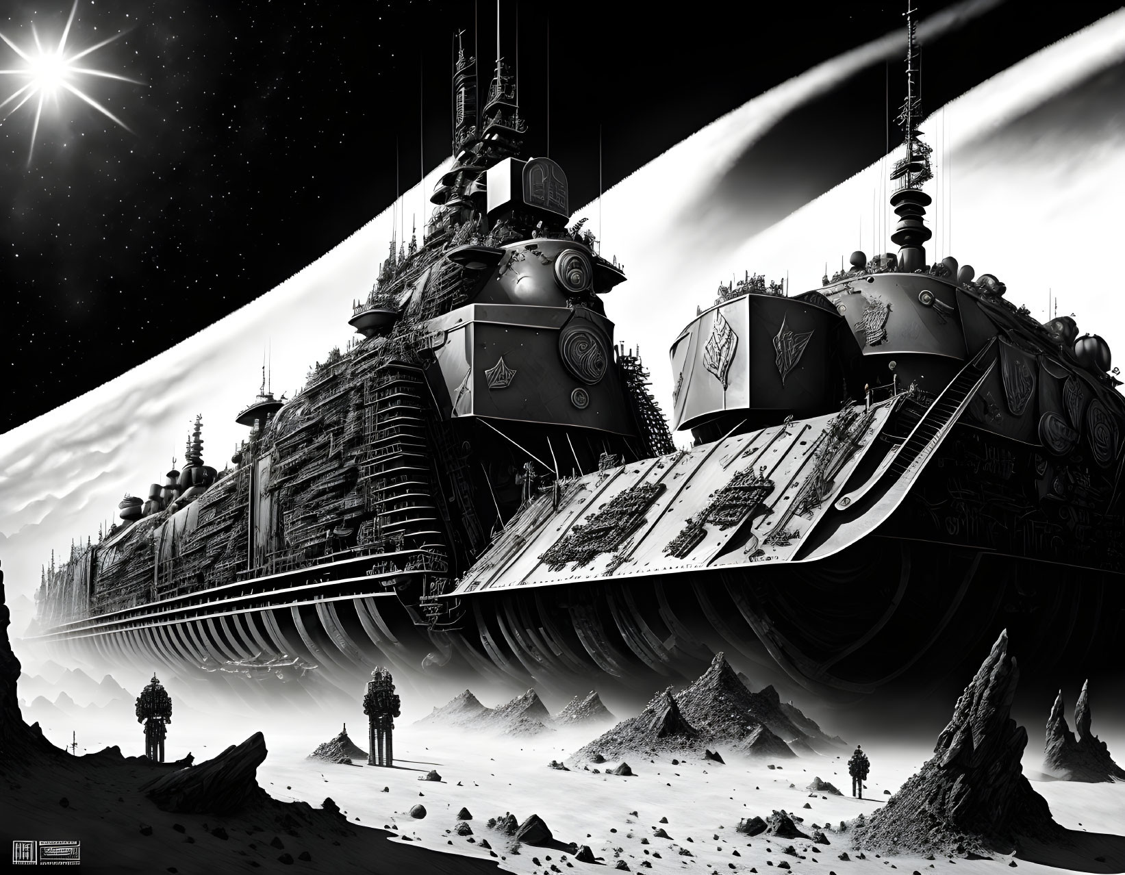 Monochrome sci-fi scene: two large tank-like spaceships on barren planet