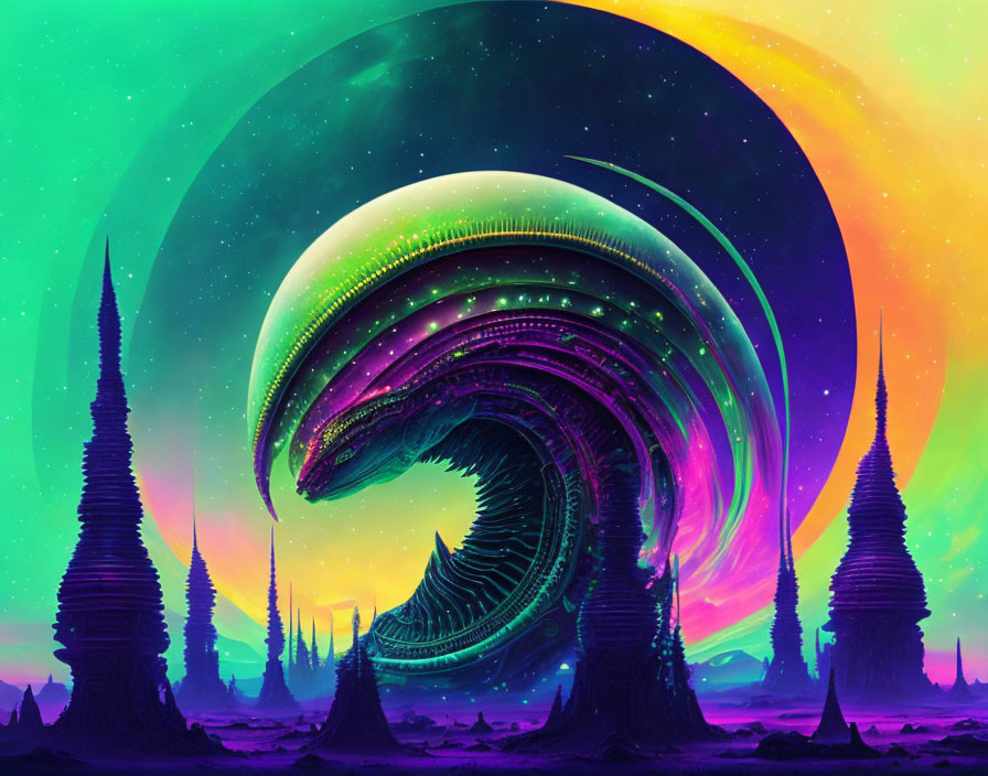 Colorful Psychedelic Alien Landscape with Spiraling Structures