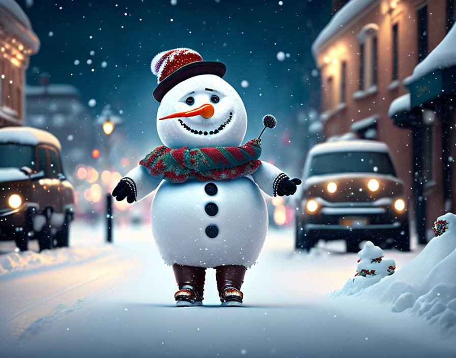 Cheerful snowman in hat and scarf on snowy street at twilight