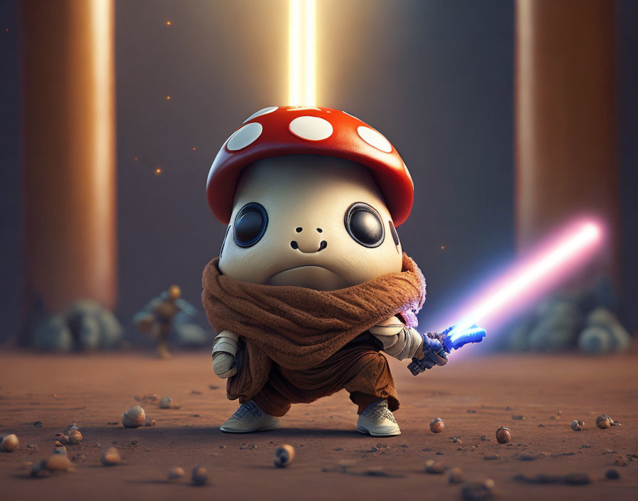 Fusion character with mushroom cap head, cloak, lightsaber, in desert with rocks & pillars