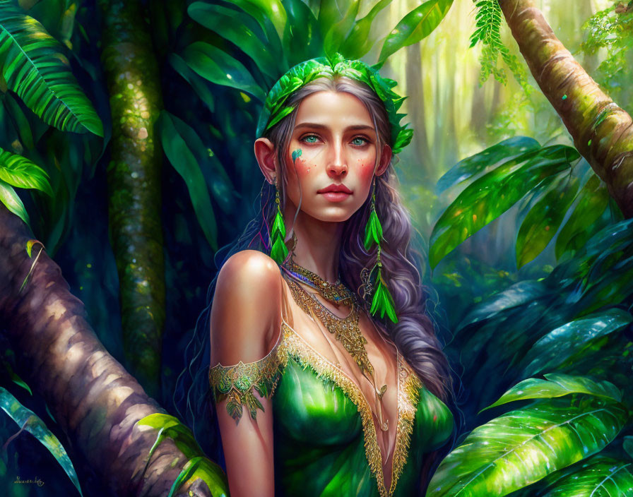 Fantasy illustration of an elf woman in leafy accessories in lush forest