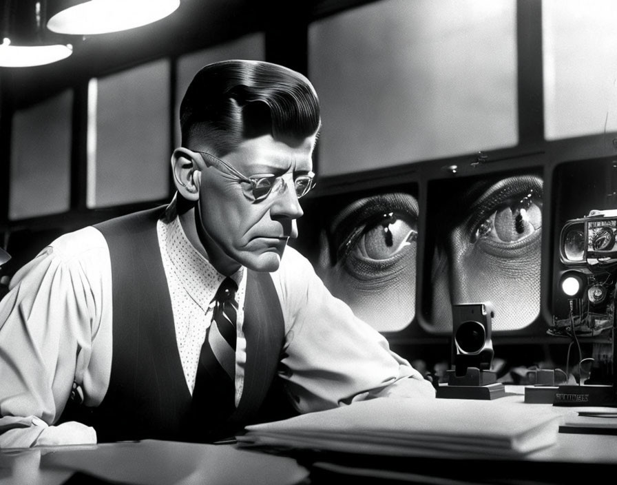 Man with glasses surrounded by papers at desk with eyes on TV screens symbolizing surveillance.