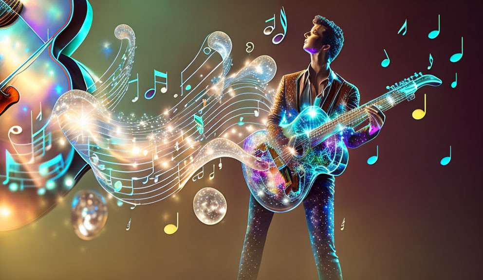 Musician in Sparkling Jacket Plays Glowing Guitar with Colorful Musical Notes